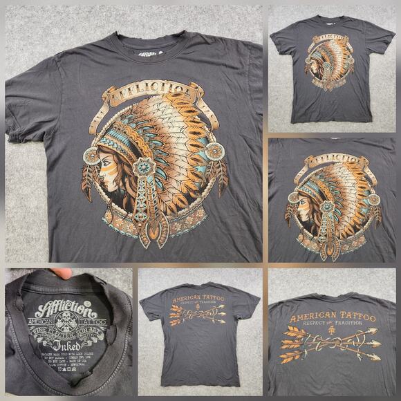 Affliction T Shirt Mens Large Indian American Tattoo Inked Graphic Made USA Y2K - Picture 1 of 10